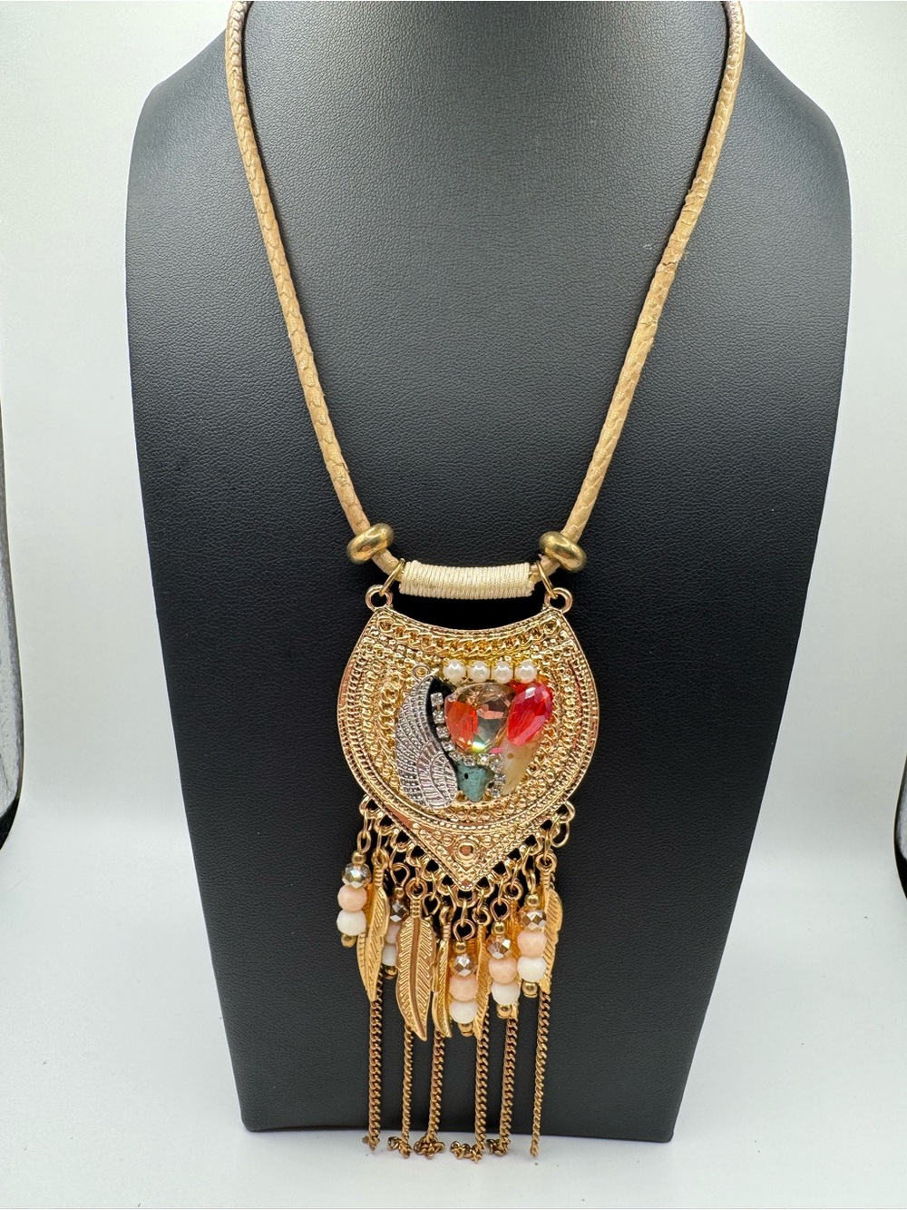 Gold-Tone Boho Statement Necklace with Faux Gems and Feathers